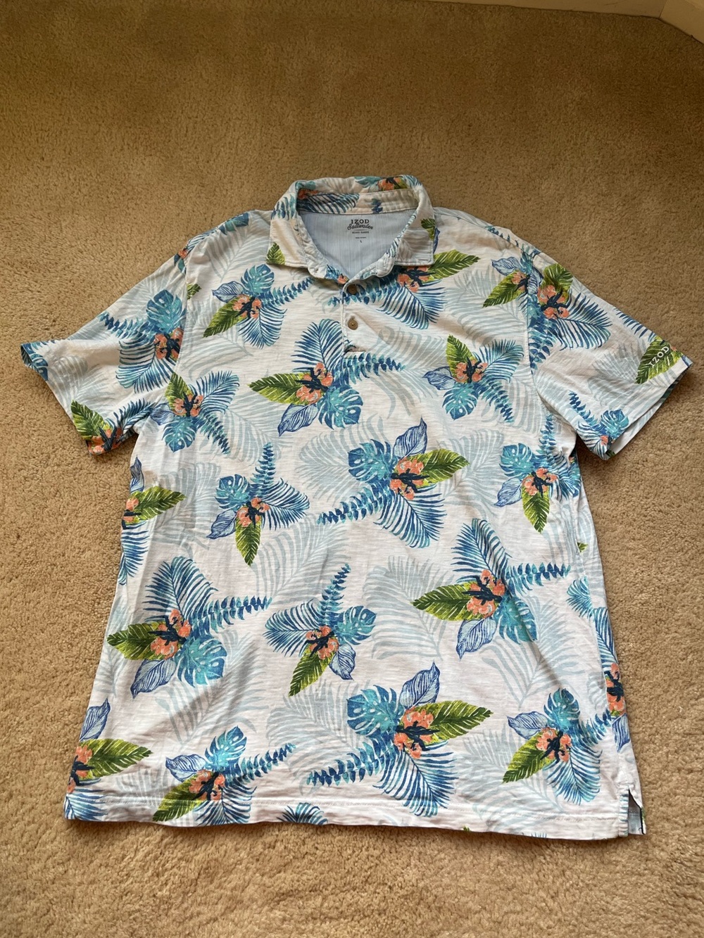 Izod Saltwater Men’s Blue Hawaiian Print Polo Shirt - L - VGUC - 100% Cotton